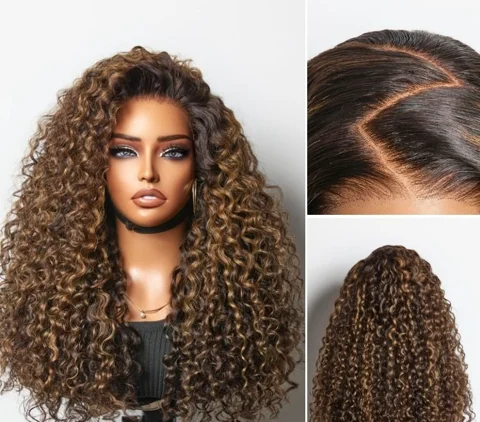 All-Day Comfort™ Curly HD lace wig with brown highlights, 7x6 closure, glueless, pre-cut lace, Funmi style in natural curls