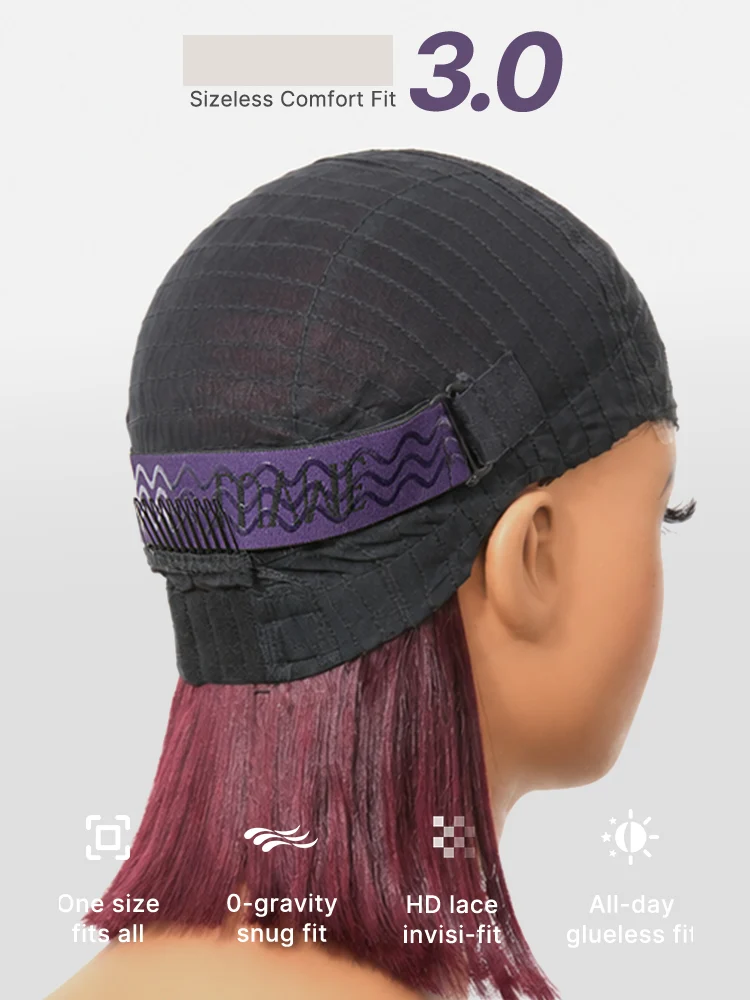 Put On and Go Reddish Purple Layered Cut Yaki Straight Minimalist Lace Bob Wig with Bangs All-Day Comfort Cap