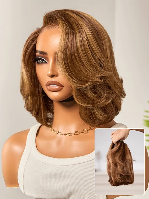 Toffee Brown Mix Blonde / Brown Highlight Layered Cut Glueless 5x5 Closure Lace Bob Wig Pre-cut Lace All-Day Comfort Cap-47