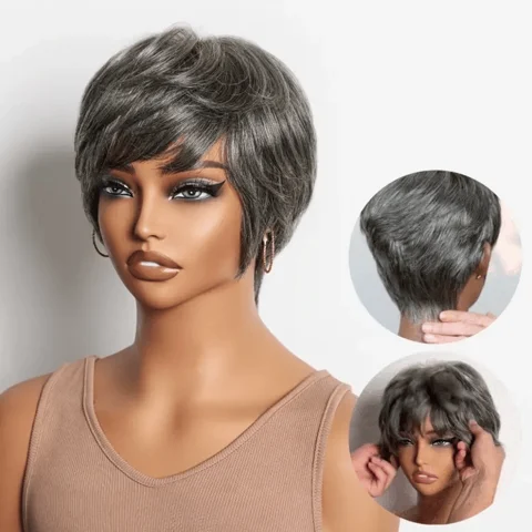 salt and pepper short pixie wig with bangs, human hair, glueless design, cotton cap, suitable for hair loss.