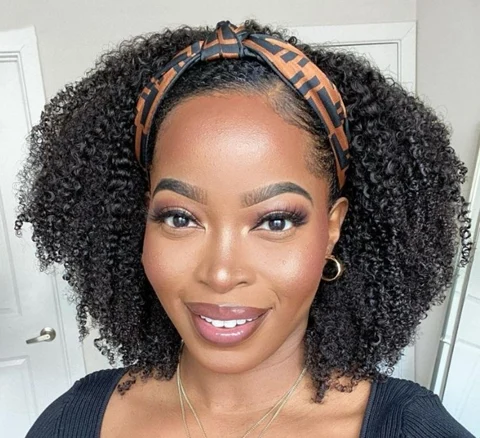 Natural black Jerry curl headband wig by , long, no lace, glueless, free part, 100% human hair with trendy headbands.
