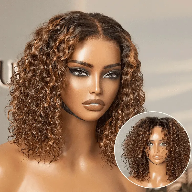 Brown highlight and natural black blonde highlight deep curly 5x5 lace wig with pre-cut closure, glueless by .