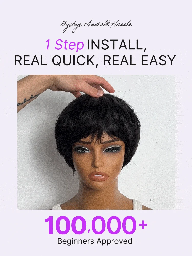 Throw On & Go Natural Black Pixie Cut with Swept Bangs Glueless Minimalist Lace Wig-12