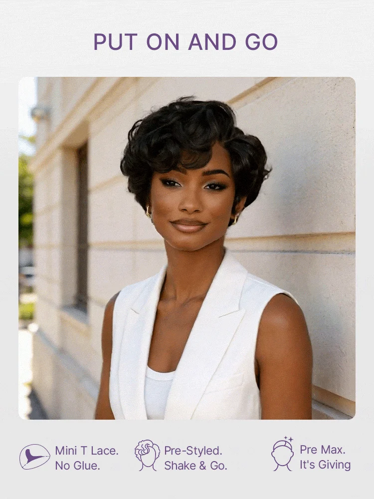 New Customers Only | Beginner Friendly Natural Black Lightweight Roll Curl Glueless Minimalist HD Lace Short Pixie Cut Wig Pre Cut Lace-13