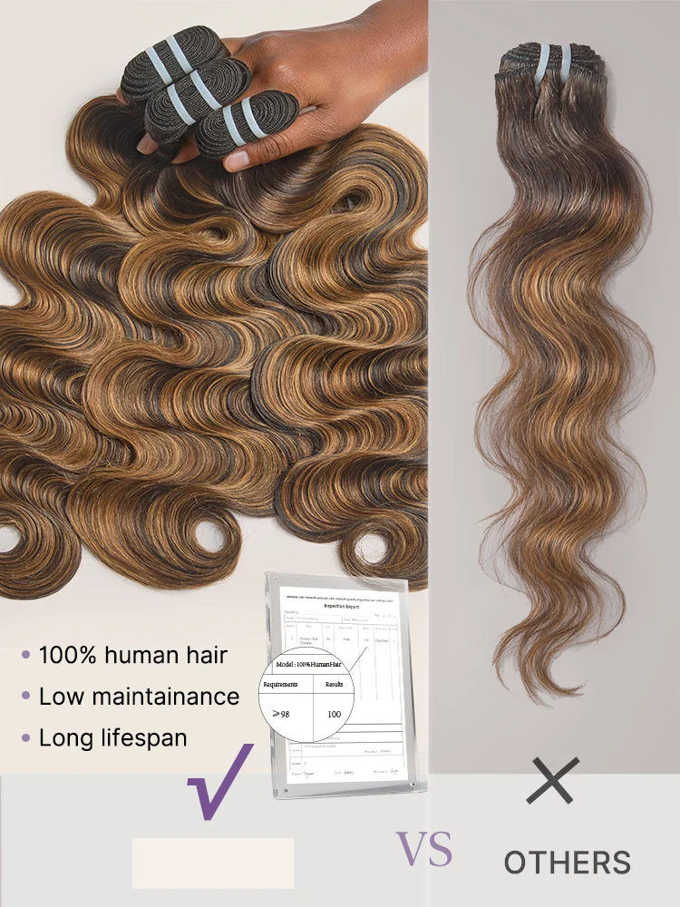 Brown Highlight Body Wave Bundles 100% Premium Remy Human Hair Bundles 1pc / 3pcs-18