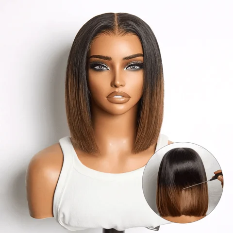All-Day Comfort™ Ombre Brown Blunt Cut Bob Wig with HD lace, glueless 7x6 closure, silky hair, pre-cut lace.