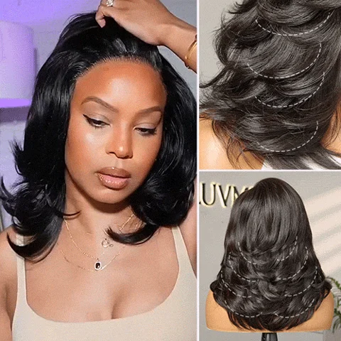 butterfly cut layered wavy short wig with glueless HD lace, minimalist and effortlessly chic hairstyle.