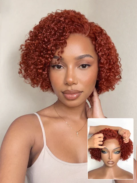 Trendy Copper Red Glueless Minimalist HD Lace Curly Bob Wig Pre-Cut Lace-01
