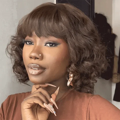 beginner-friendly brown loose wave lace shoulder-length wig with bangs, minimalist design, glueless construction