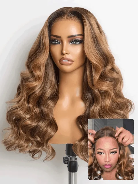 Sun-Kissed Warm Tone Brown with Blonde Highlights 180% Density Loose Wave Glueless 5x5 Closure Lace Wig Pre-Cut Lace-22