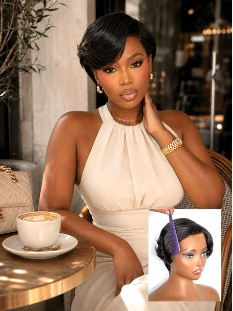natural black layered short pixie cut lace wig with pre-cut HD lace, minimalist and elegant hairstyle for new customers