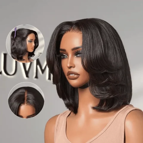 Layered bob short wig with 5x5 lace closure by , featuring a pre-cut lace front and natural layered style.