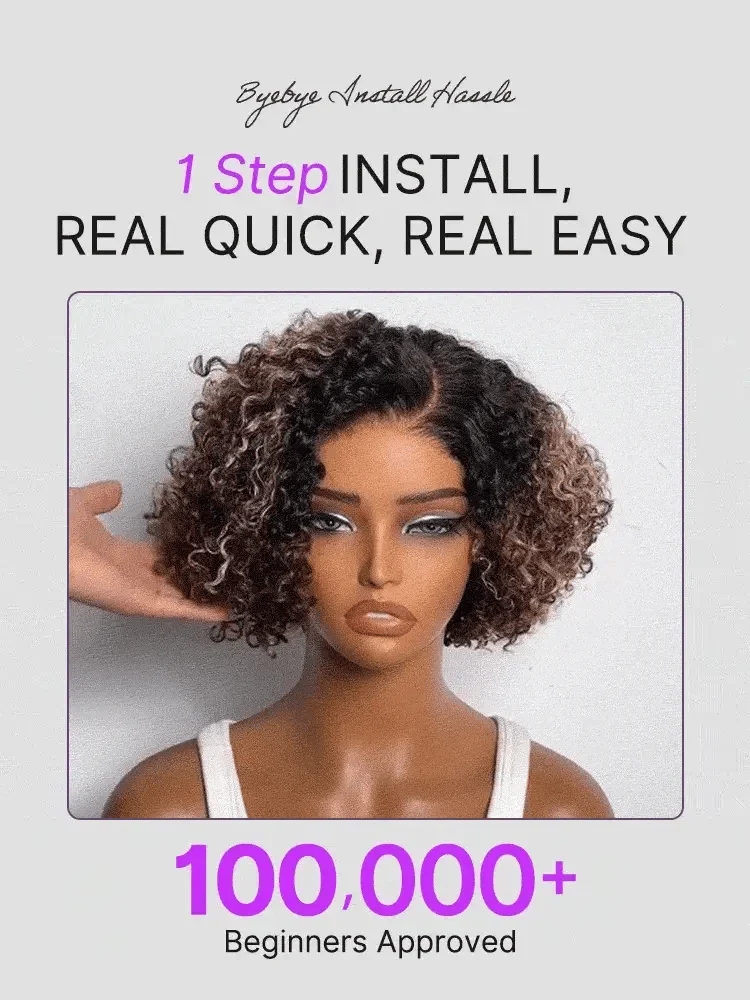 Blonde Highlight Short Cut Kinky Curly Minimalist HD Lace Glueless Wig Pre-Cut Lace-14