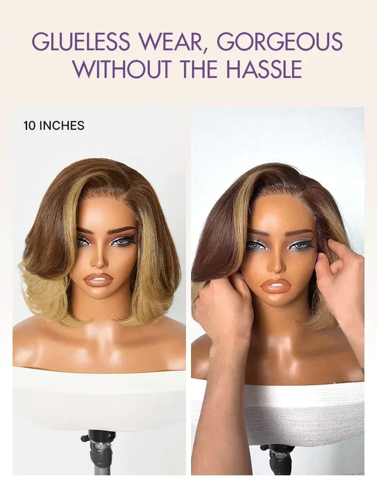 New Customers Only | Honey Blonde Face-Framing Highlights Blow Out Layered Cut Glueless 5x5 Closure Lace Bob Wig Pre-cut Lace