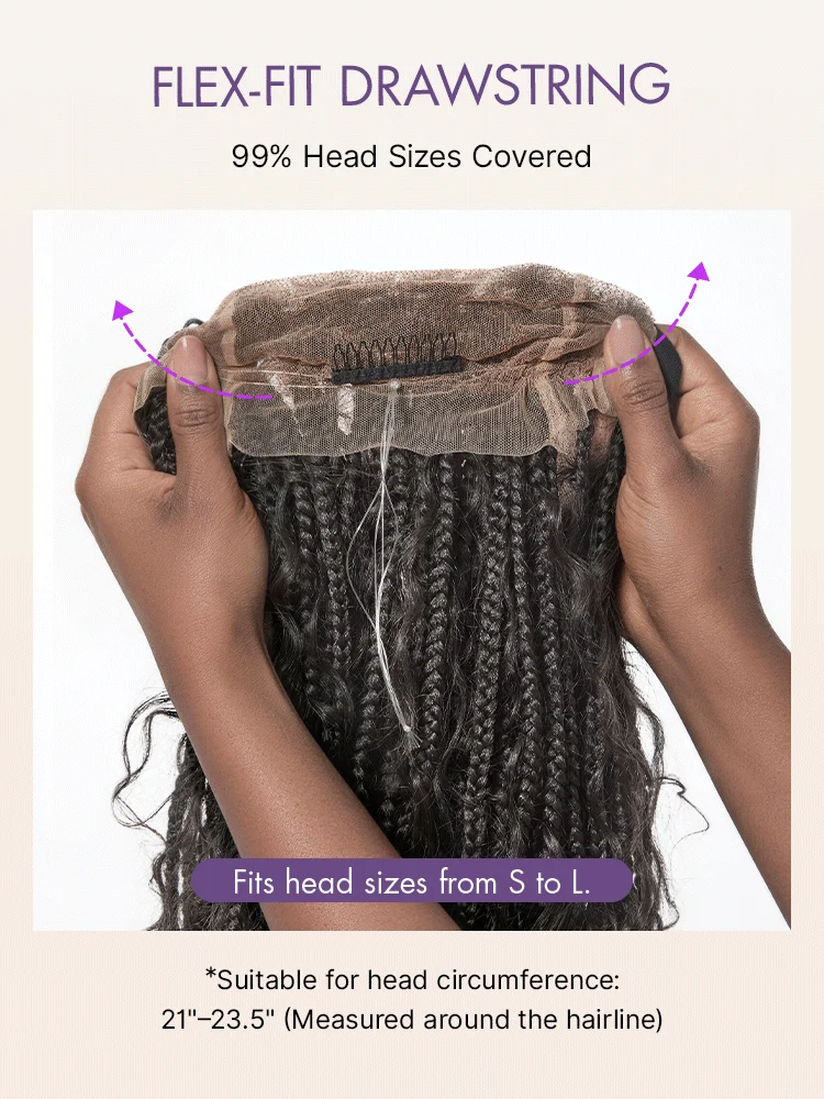 OwnScalp™  Light Weight Flexi-Fit Invisi Drawstring Cap Full Lace Knotless Boho Curls Braided Long Wig Super Natural Scalp-90