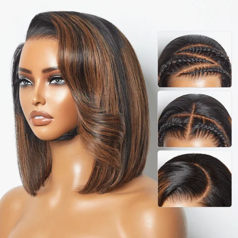 PreMax wig featuring a natural-looking brown highlight silky blunt cut bob 13x4 lace frontal wig on a model.