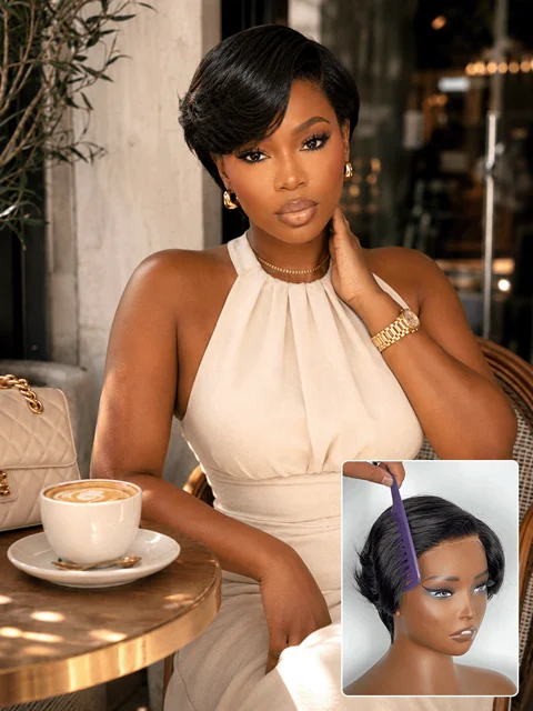 Elegant Natural Black Layered Short Pixie Cut Minimalist HD Lace Wig Pre-cut Lace-22