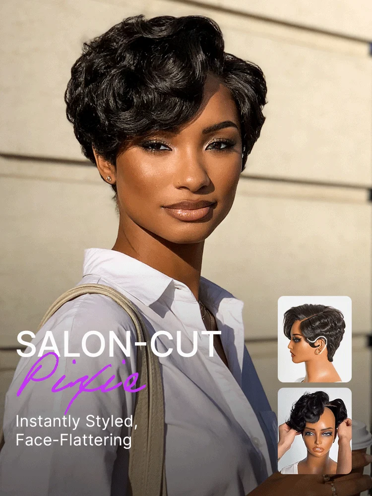 New Customers Only | Beginner Friendly Natural Black Lightweight Roll Curl Glueless Minimalist HD Lace Short Pixie Cut Wig Pre Cut Lace-10