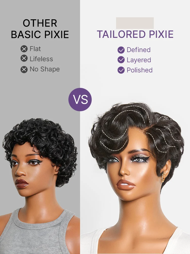 New Customers Only | Beginner Friendly Natural Black Lightweight Roll Curl Glueless Minimalist HD Lace Short Pixie Cut Wig Pre Cut Lace-12