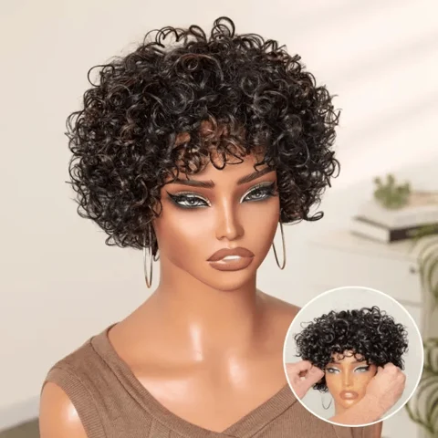glueless wig with short bouncy curls, bangs, in natural black with brown highlights, made from 100% human hair.