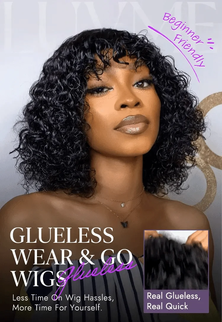 New Customers Only | Beginner Friendly Water Wave Minimalist Lace Glueless Short Curly Wig with Bangs-16