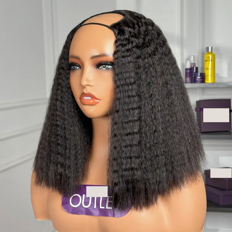 Kinky straight bob no lace glueless U part wig by , showing the natural texture and style of the wig on a mannequin head.