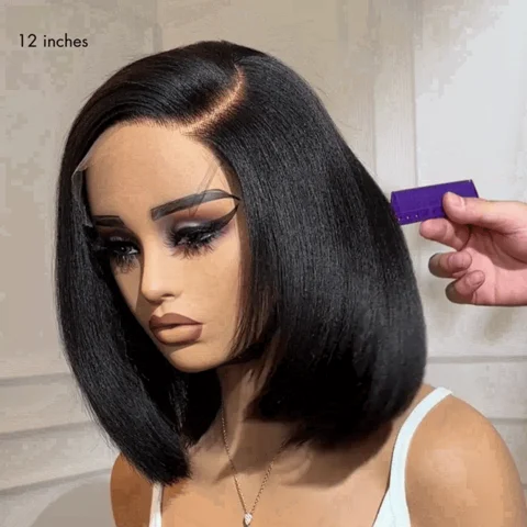 layered Yaki straight minimalist lace wig with a left C part, glueless HD lace, ready-to-wear bob hairstyle.
