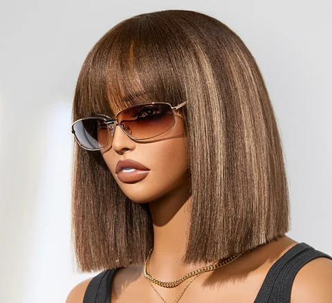 Ash blonde highlights Yaki blunt cut bob wig with bangs, glueless lace, breathable cap, by .