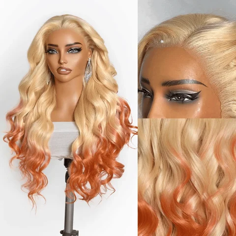 613 Blonde to Ginger Ombre body wave lace front wig with glueless ear-to-ear 13x4 HD lace, pre-cut lace, and adjustable drawstring cap