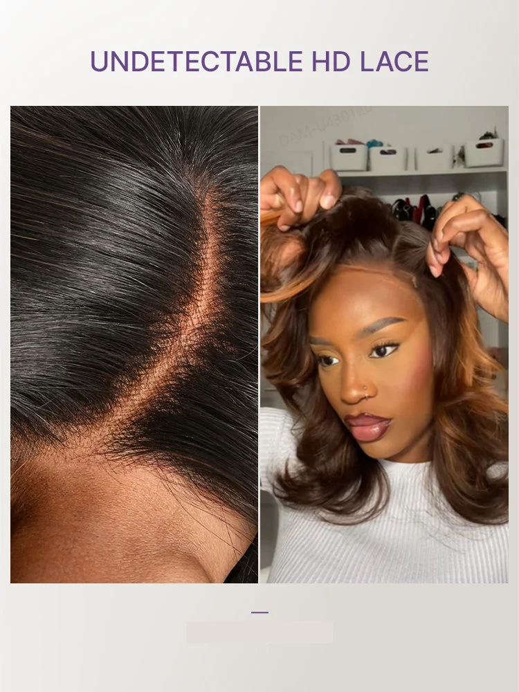Caramel Brown Highlight Layered Haircut Wavy Glueless HD Minimalist Lace Wig Pre-Cut-16