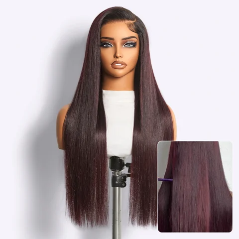 All-Day Comfort Wig with 180% density in dark plum, bone straight style, HD lace, pre-cut closure, baby hair, glueless fit