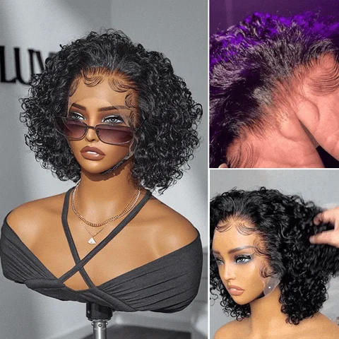 ultra natural short curly wig with wide T lace front, slicked back style, glueless ear-to-ear design.