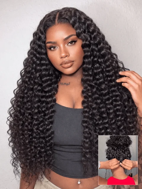 PreMax 180% density water wave glueless lace wig with flexible drawstring, 13x4 frontal, curly, pre-cut, with ponytail option.