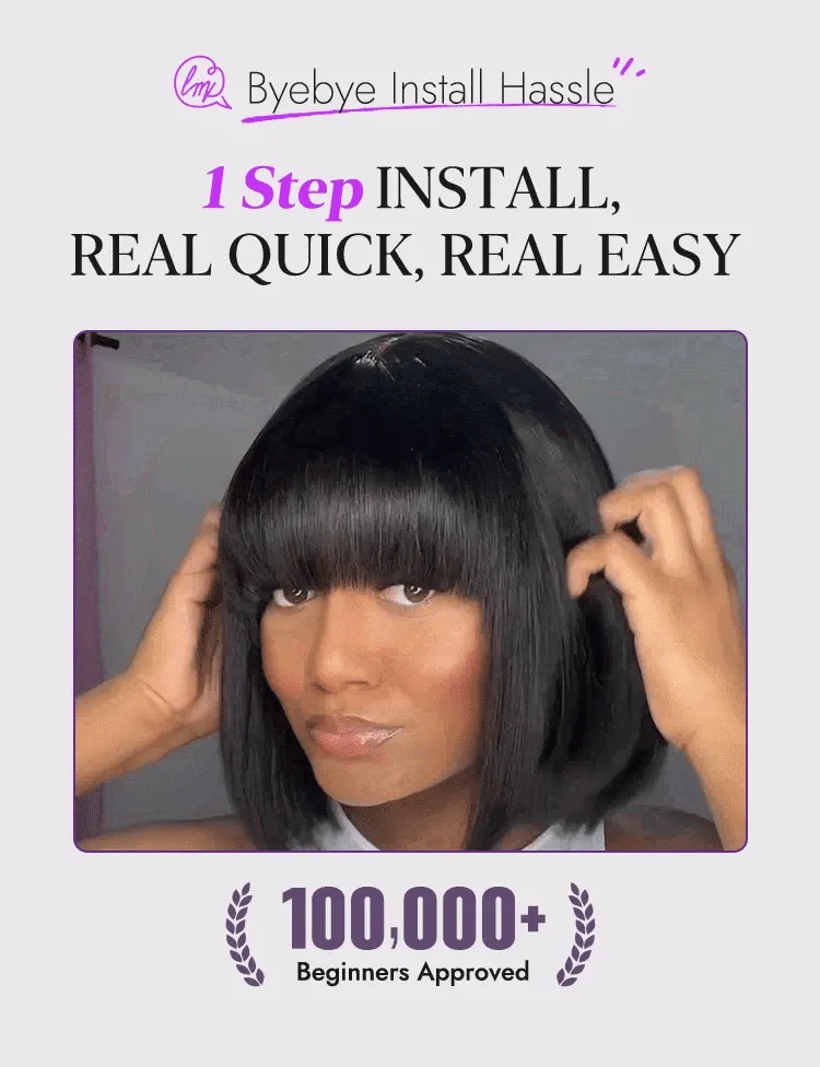 Put On and Go Realistic Glueless Yaki Straight Bob with Bangs Minimalist Lace Wig 100% Human Hair-21
