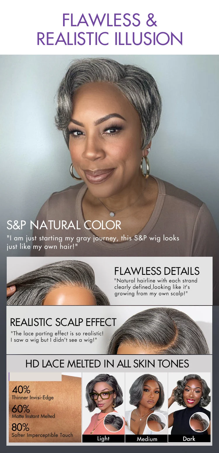 New Customers Only | Salt and Pepper Short Pixie Cut Wig Glueless Minimalist HD Lace Grey Wig Pre-Cut Lace-22