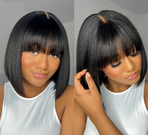 glueless Yaki straight bob wig with bangs, realistic 100% human hair, minimal lace, easy to wear for new customers.
