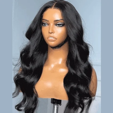 layered loose body wave 5x5 closure wig with HD lace, glueless design, long length, mid-part style in natural black color.