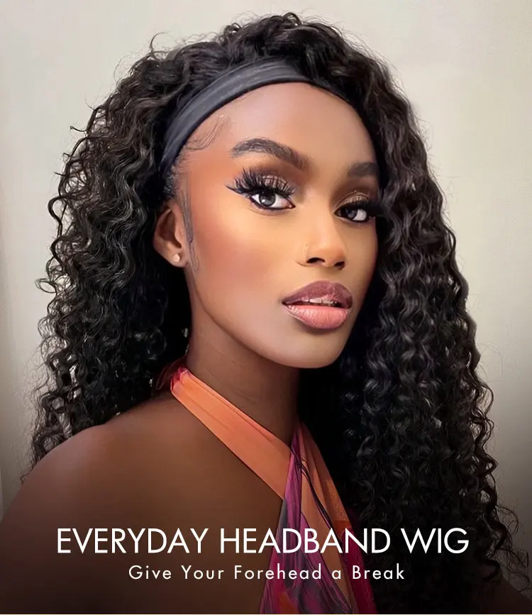 New Customers Only | Natural Black Jerry Curly No Lace Glueless Free Part Long Headband Wig 100% Human Hair (Get Free Trendy Headbands)-11