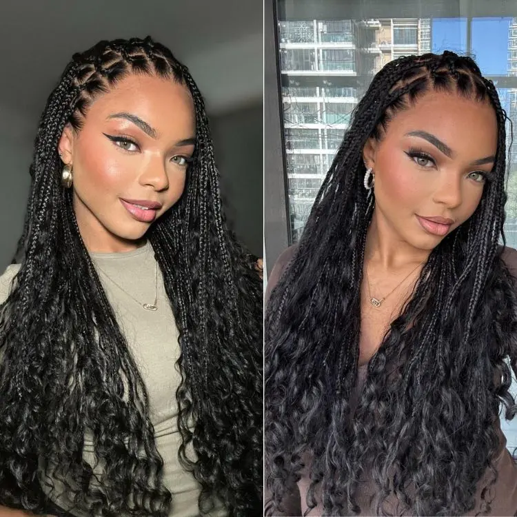 long lace wig with boho curls, lightweight invisifit drawstring cap, natural scalp, and braided knotless style.