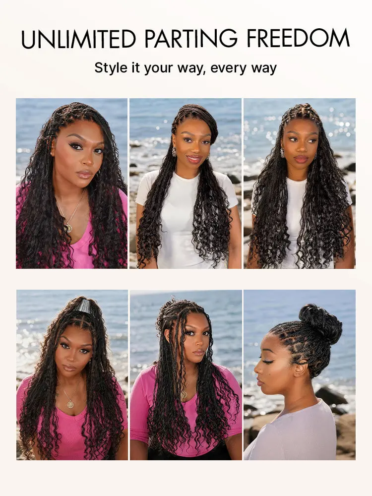 OwnScalp™  Light Weight Flexi-Fit Invisi Drawstring Cap Full Lace Knotless Boho Curls Braided Long Wig Super Natural Scalp-89