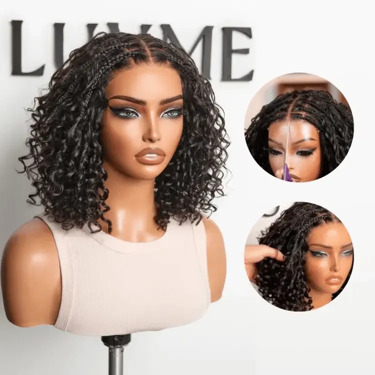 boho deep curly glueless 5x5 lace closure wig with braided top, human hair, pre-cut lace, and natural texture.