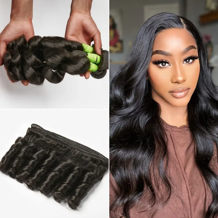 Three loose wave 100% virgin human hair bundles displayed, showcasing soft, natural wave texture and full length.
