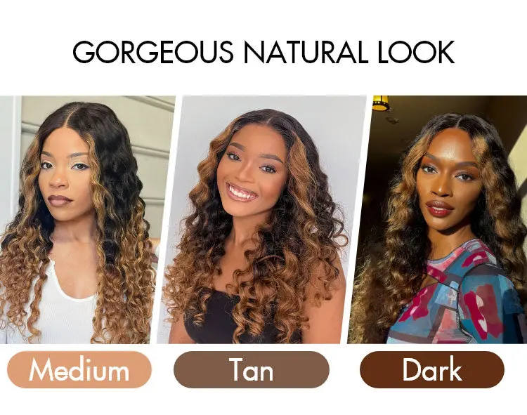 Fluffy Brown Ombre Highlights Water Wave Glueless 5x5 Closure HD Lace Long Curly Wig Breathable Cap-02