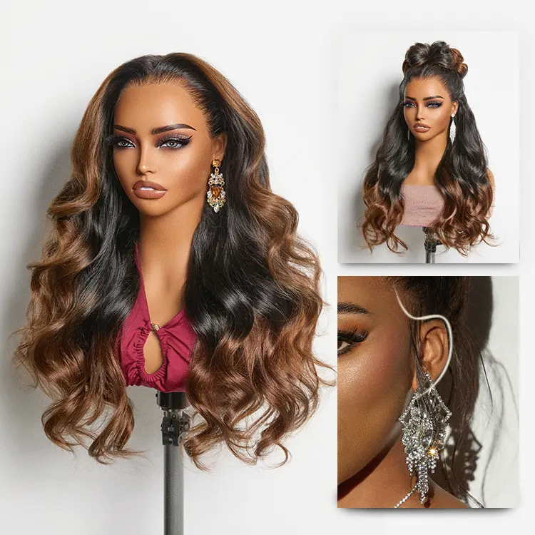 NatureMAX 200% density HD lace front wig with loose waves, ombre brown color, pre-cut lace, and adjustable drawstring cap