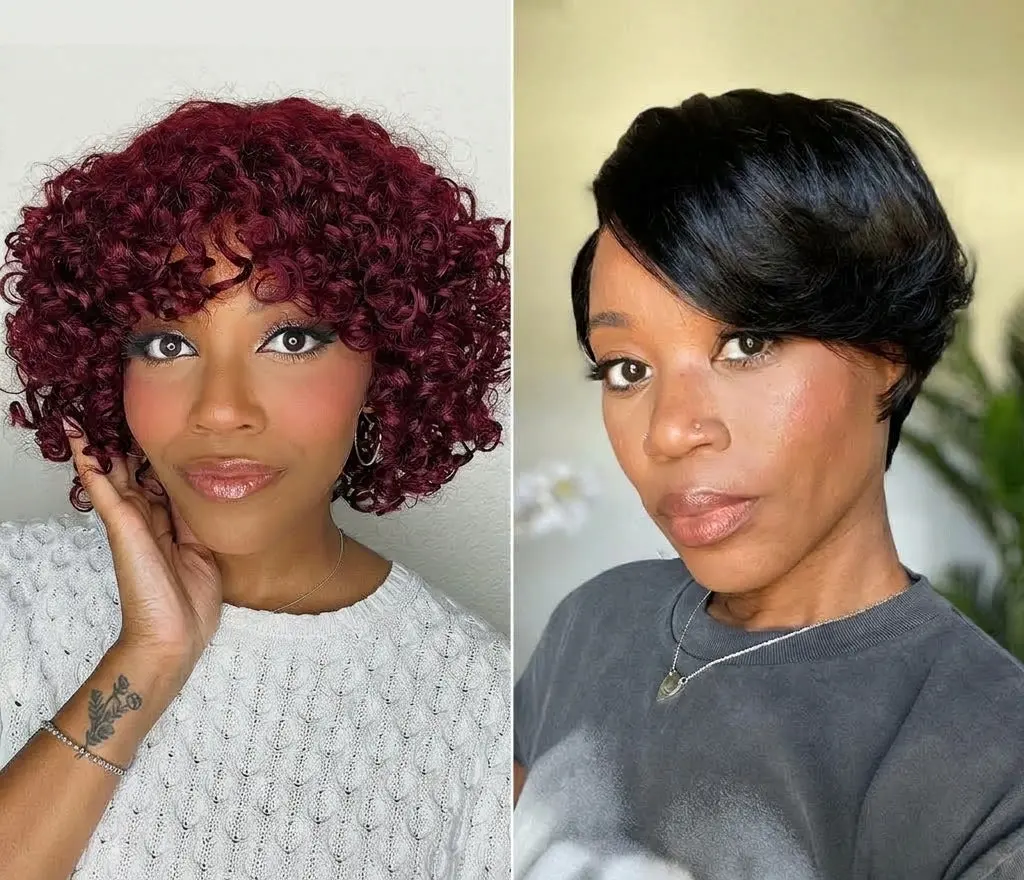 2 For $149.9 | 8 Inches Dark Red Water Wave Glueless Minimalist Lace Curly Wig with Bangs + 6 Inches Pixie Cut Minimalist HD Lace Glueless Wig Pre-Cut Lace-08