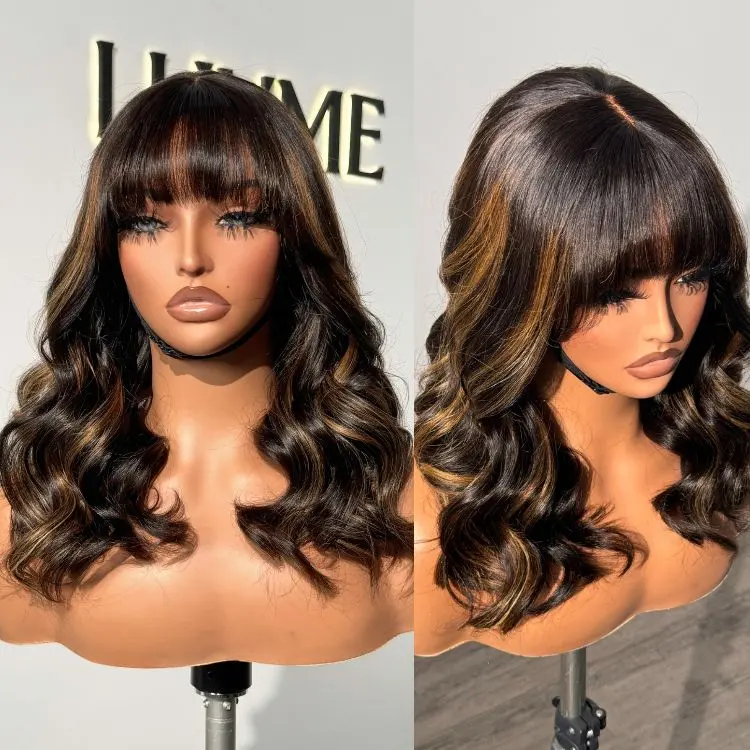 blond highlight minimalist lace wig with loose waves and bangs, showcasing natural hairline and soft, flowing style.