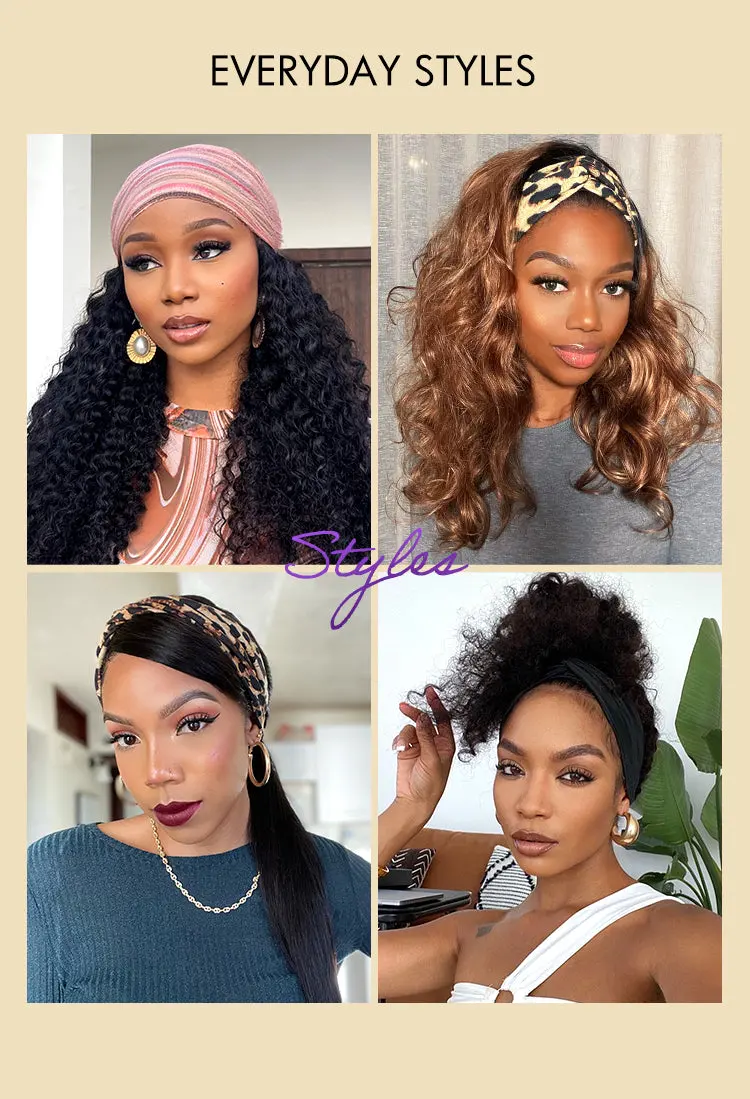 New Customers Only | Natural Black Jerry Curly No Lace Glueless Free Part Long Headband Wig 100% Human Hair (Get Free Trendy Headbands)-14