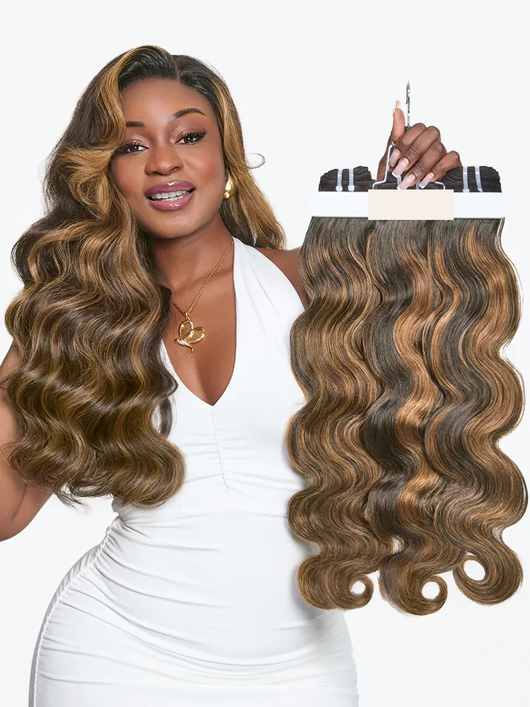 Brown highlight body wave bundles by , 100% Remy human hair, shown in a set of 1 or 3 bundles.
