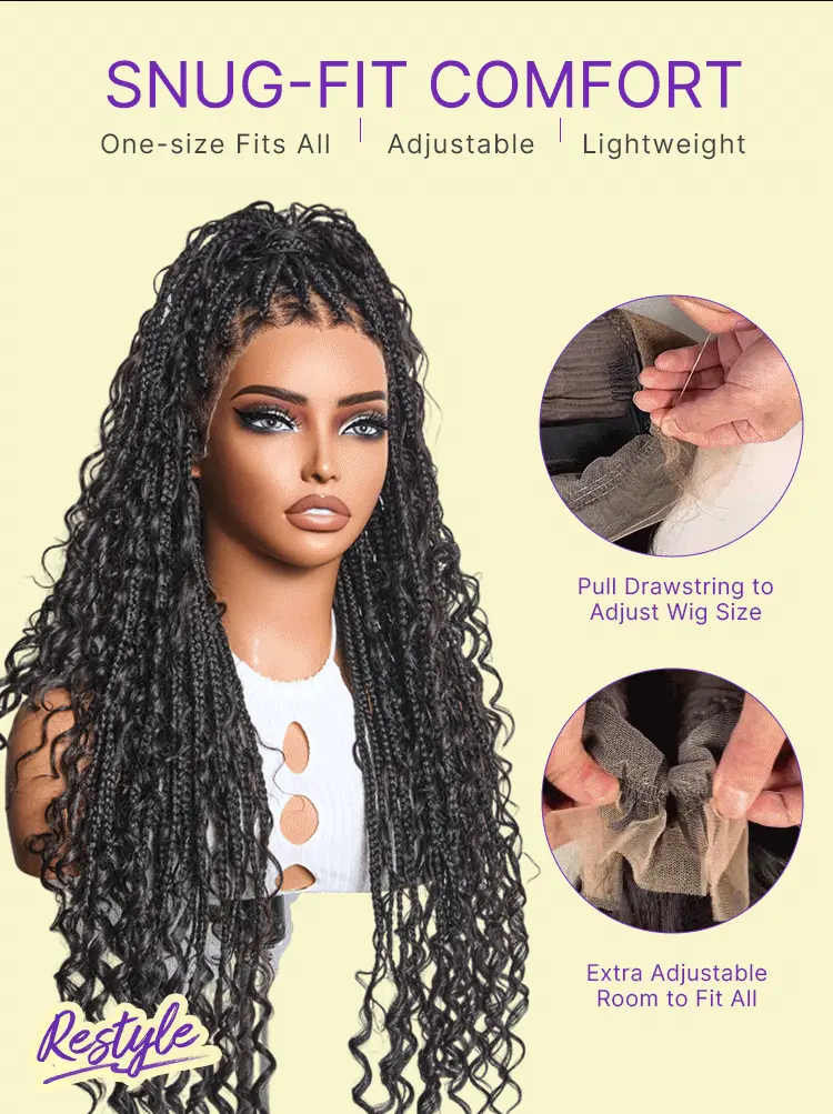 New Customers Only | HD Full Lace Knotless Boho Curls Braided Bob Wig Flexi Fit Invisi Drawstring Cap-13