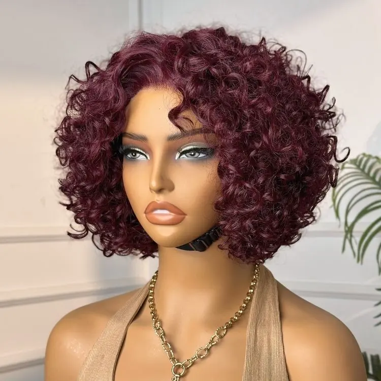 burgundy curly bob minimalist HD lace wig with T-part, 100% human hair, in 99J hair color style.